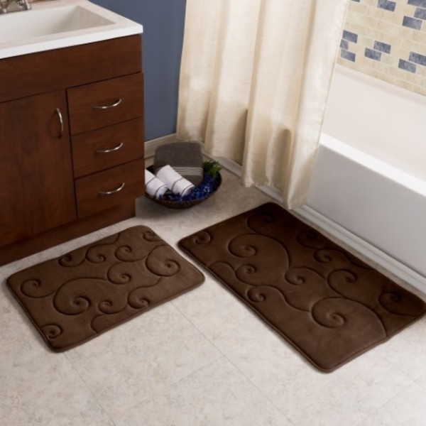 Hastings Home 2 pc Memory Foam Bath Mat Set by Hastings Home -Coral Fleece Embossed - Chocolate 340629KZI